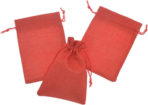 Vista 3 de 50 bolsas de regalo de arpillera de 5 x 7 pulgadas, bolsas de lino rojo con cordón de Navidad, bolsas de yute para joyas, bolsas de recuerdos