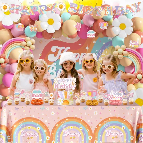 Vista 7 de Decoraciones de fiesta Groovy, paquete de 112 piezas de decoraciones de cumpleaños Groovy que incluyen banderines, telones de fondo, manteles