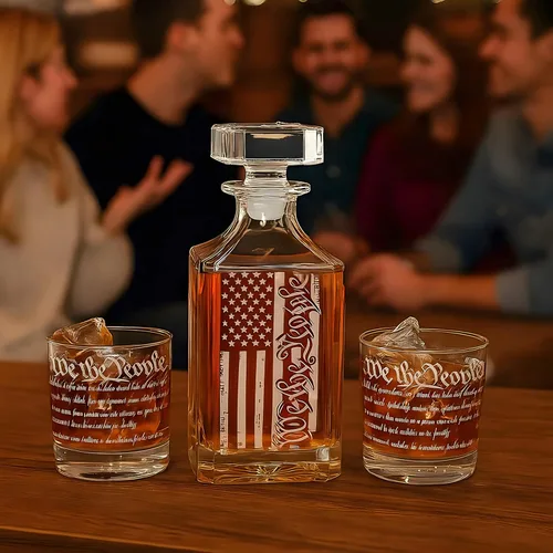 Vista 8 de Set de decantador de whisky para hombres, juego de decantador We The People con vasos, decantador grabado con bandera americana para regalos