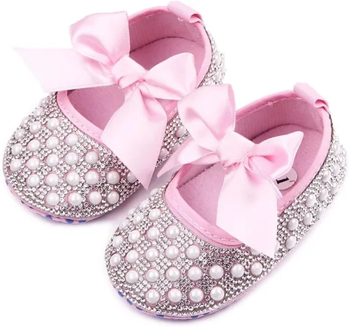 Vista 5 de Zapatos planos Mary Jane para bebés y niñas, con lazo brillante y diamantes de princesa, zapatos antideslizantes para cuna