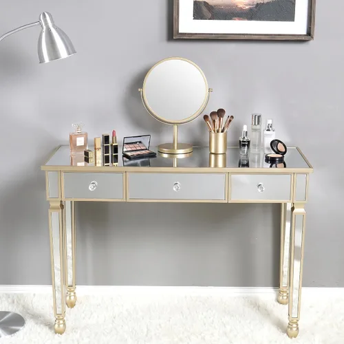 Vista 9 de Henf Mesa de consola con espejo, mesa de tocador de maquillaje, mesa de entrada plateada de 3 cajones para mujeres y niñas, entrada, hogar, oficina