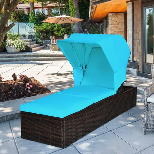Vista 2 de COSTWAY Silla de ratán para patio, tumbona acolchada, ajustable, color turquesa