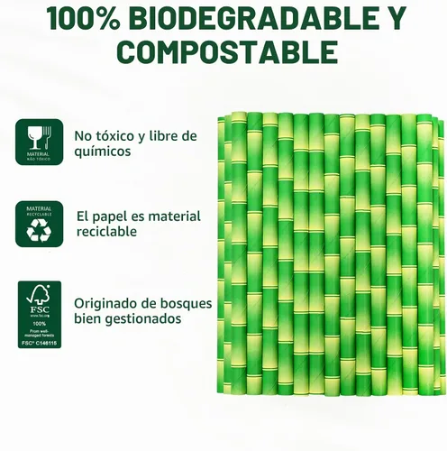 Vista 7 de 14,6 cm x 0,79 cm Pajitas de papel desechables de bambú verde para bebidas cortas, cócteles mezclados, margaritas, licuados y batidos - Sin embalar