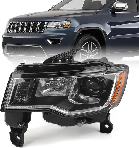 Vista 11 de FIONE - Para Jeep Grand Cherokee Conjunto de Faros Delanteros 2017 2018 2019 2020 2021 [Modelo Halógeno] Carcasa Negra Faros Proyectores Cabeza