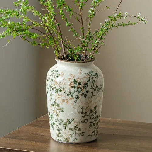 Vista 26 de Jarrón de cerámica verde y blanco con asa, florero rústico para decoración de hogar estilo “chinoiserie”, “grandmillenial” y toscano, jarrón