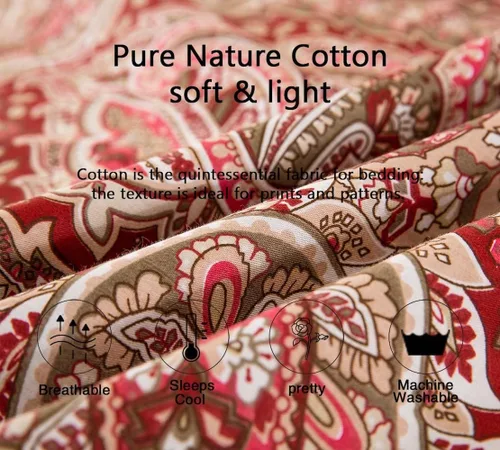 Vista 6 de DAUAOTO Juego de funda de edredón tamaño completo 82"X86" + 2 fundas de almohada, ropa de cama de algodón floral paisley rojo dorado, cierre
