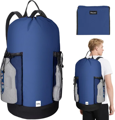 Vista 14 de BALEINE Mochila Bolsa de Lavandería de 120L, Tela Oxford 900D Bolsas Grandes de Lavandería de Viaje con Correas para el Hombro y 2 Bolsillos