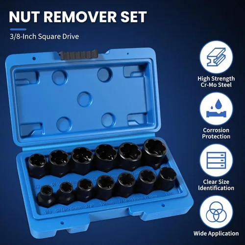Vista 7 de Kit de extractor de pernos de 13 piezas, extracción de tuercas desnudas, juego de llaves extractoras de tornillos de 3/8 pulgadas, SAE y métrico