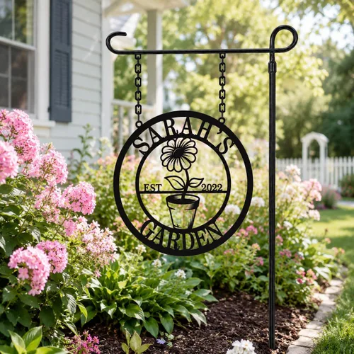 Vista 13 de Letrero de jardín personalizado con estaca, letrero de metal personalizado con nombre de jardín para exteriores, decoración de patio de flores