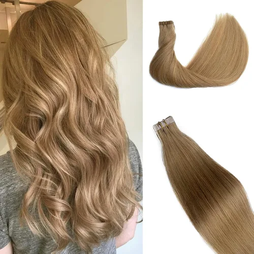 Vista 17 de Extensiones de cabello humano rubio con cinta, reflejos rubio ceniza y rubio platino, extensiones de cabello rubio platinado, cinta adhesiva