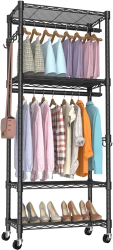 Vista 9 de VyGrow Perchero de Ropa, Perchero de Ropa para Colgar Ropa, Sistema Organizador de Closet Ajustable de 3 Niveles con Cajón Barra para Colgar 13.18