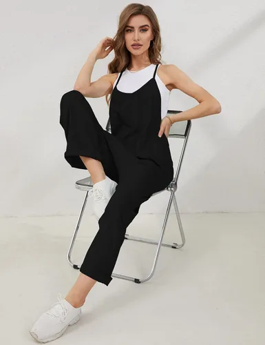 Vista 9 de Lentta Overol casual para mujer, con cuello en V, sin mangas, con tirantes elásticos y ajustables, con bolsillos