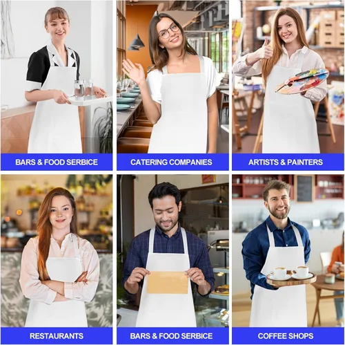 Vista 7 de Delantales unisex con peto, paquete de 12 delantales de chef blancos con lazos extralargos, lavables para mujeres y hombres, cocinar, restaurante
