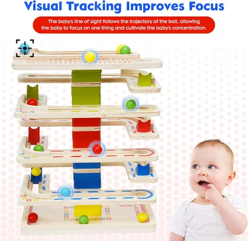 Vista 4 de Montessori - Juguete de bola de madera para niños pequeños, juguete educativo de madera para carreras de pistas de carreras, juguetes sensoriales