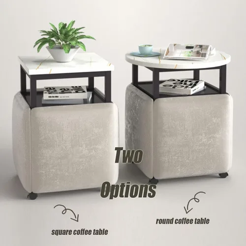 Vista 5 de Mesa de comedor combinada 5 en 1 con 4 taburetes, mesa auxiliar anidable que ahorra espacio, taburete otomano apilable, reposapiés, sofá y mesa