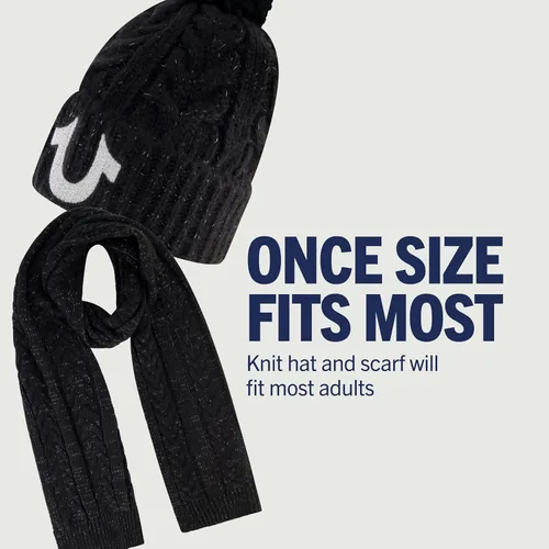Vista 5 de True Religion Conjunto de gorro y bufanda para mujer, gorro de punto con puños de invierno con pompón de cable lúrex y gorro de bufanda