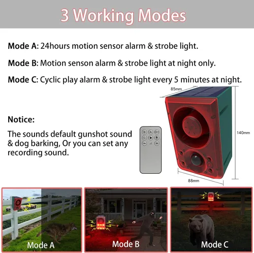 Vista 5 de Alarma solar con sensor de movimiento al aire libre – Ladridos de perro y sonido de disparo, grabación de soporte y volumen ajustable, detector