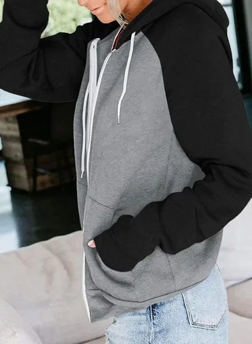 Vista 3 de INFITTY Sudadera casual con capucha y bolsillo para mujer, manga larga, con cremallera, ligera, con bloques