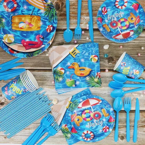 Vista 5 de PHOGARY Juego de vajilla de 93 piezas para fiesta de verano en la piscina, incluye platos de fiesta en la piscina, servilletas, pajitas, cucharas