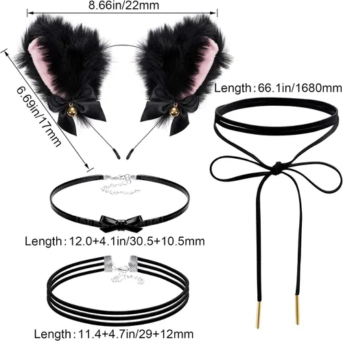 Vista 2 de OIIKI - Diadema con orejas de gato con campana orejas negras disfraz de fiesta con 3 gargantillas de encaje para mujeres niñas adultos y niños