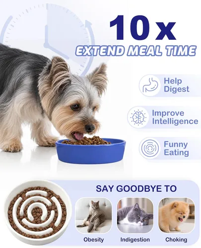Vista 3 de TRUVIC Ceramic Slow Feeder Dog Bowl Small Breed Maze Cat Bowl (Blue)