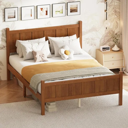 Vista 15 de Bellemave Cama de panel plano de tamaño individual con cabecero y estribo, cama de plataforma minimalista y moderna con acabado de grano de madera