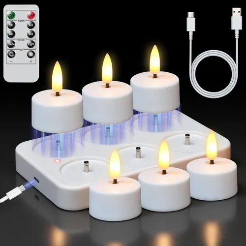 Vista 12 de GenSwin 12 velas de té recargables con base de carga y temporizador remoto, velas LED sin llama, funciona con pilas, para Halloween, otoño, mesa