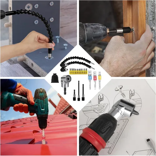 Vista 7 de Juego de extensión de broca flexible, 19 piezas, vástago hexagonal de 105°, accesorio de taladro en ángulo recto de 105°, extensión de soporte