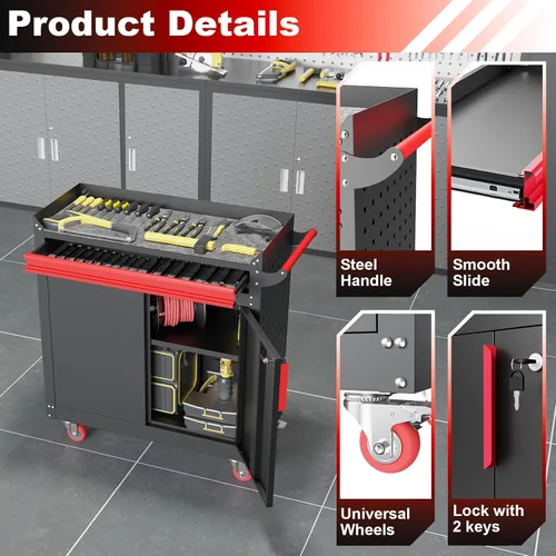 Vista 6 de Armario Kelueo de metal para almacenamiento de garaje con ruedas, armarios de almacenamiento con cerradura y estante ajustable, casillero