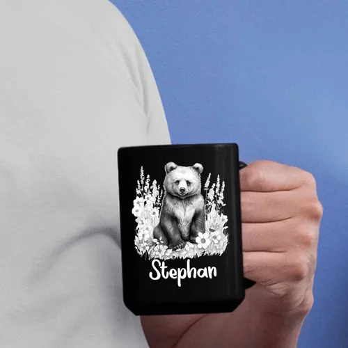 Vista 6 de Taza de café negra con diseño de oso de lápiz personalizada, regalo para los amantes de los osos, mamá y papá, taza de café de oso con dibujos