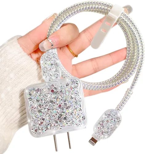 Vista 8 de CameCosy Protector de cable de lujo compatible con cargador de iPhone, diseño de borde ondulado con purpurina, funda USB de línea de datos, Azul