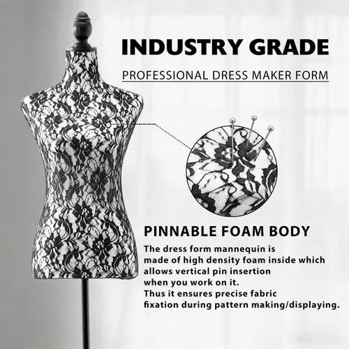 Vista 4 de Torso de maniquí hembra ajustable con base de trípode para exhibición (negro)