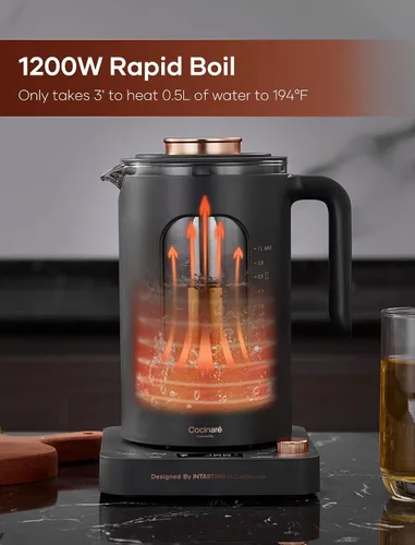 Vista 4 de Tetera eléctrica, INTASTING - Tetera eléctrica de vidrio con infusor de té y control preciso de temperatura, 1200W de calentamiento rápido, sin BPA