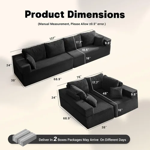 Vista 2 de Afuson Sofá modular de 138 pulgadas de espuma viscoelástica para sala de estar, sofá cama de pana, color negro