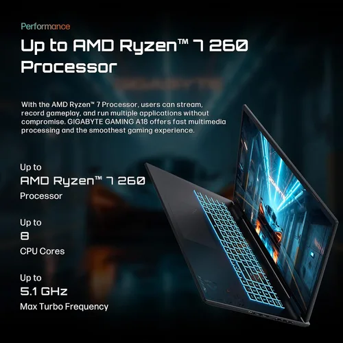 Vista 3 de GIGABYTE - Laptop para juegos A18, AMD Ryzen 7 260, RTX 5070