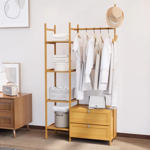Vista 14 de Perchero de Ropa de Bambú, Perchero con Cajones y Estantes, Estantes de Almacenamiento de 5 Niveles con 6 Ganchos para Colgar, Armario Closet