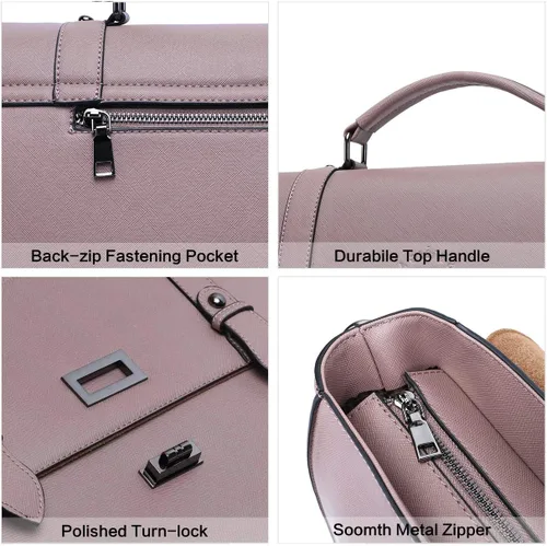 Vista 6 de Maletín para laptop de 15.6 pulgadas para mujer, piel ecológica saffiano morado vintage, 4 compartimentos grandes, 2 bolsillos deslizantes, 1