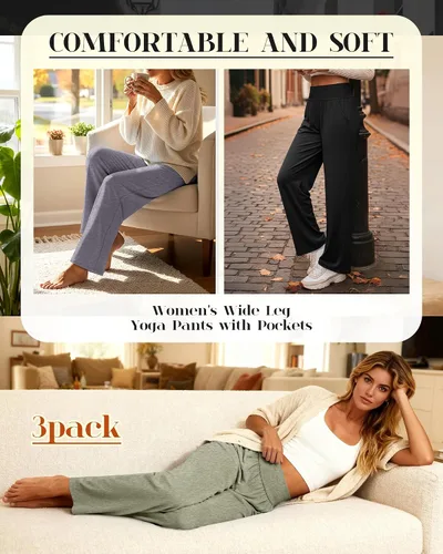Vista 94 de Neer - Conjunto de 3 pantalones de yoga de pierna ancha para mujer - Pantalones deportivos cómodos, holgados, de cintura alta y casuales