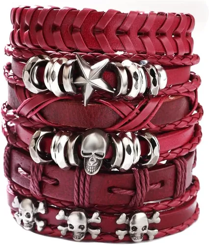 Vista 6 de NIGHTCRUZ 6 pulseras trenzadas de cuero, pulsera de cuero medieval con calavera