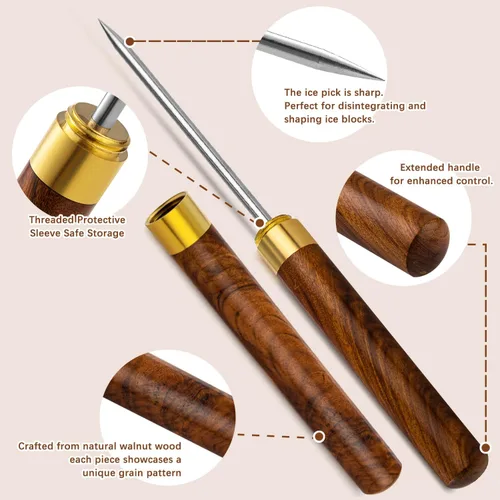 Vista 2 de 2 palillos de hielo para romper hielo. 9 pulgadas de largo. Tapas de madera seguras y asas de madera antideslizantes. Fácil de almacenar. Para uso
