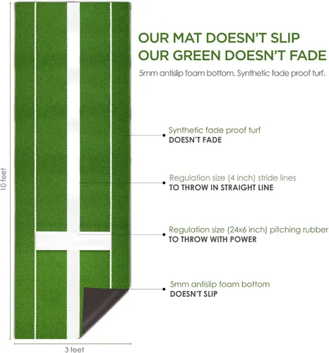 Vista 2 de Softball Pitching Mat with Rubber Pitching Mound for Pitchers Practice 10x3 Feet Turf Mat with Antislip Foam Backing for Softball and Fastpitch