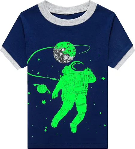 Vista 2 de Pijamas cortas de 2 piezas para niños pequeños, ropa de dormir de tiburón de tren, 100% algodón, pijamas de dinosaurio para niños pequeños, ropa
