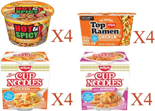 Vista 2 de Nissin Cup - Taza instantánea para sopa de fideos, 16 unidades, 4 cuencos de pollo picantes y calientes, 4 tazas de pollo, 4 cuencos de pollo Ramen