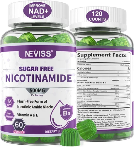 Vista 9 de Gomitas de nicotinamida de 500 mg (niacina libre de rubor) Suplemento de niacinamida de vitamina B3 para regeneración celular, niveles de NAD+