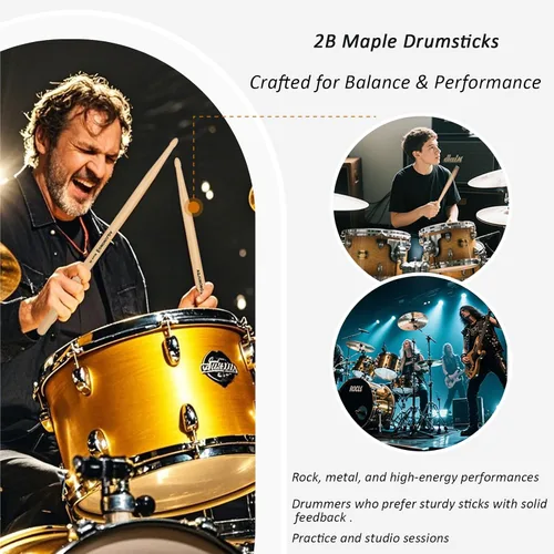 Vista 6 de Baquetas clásicas de madera de arce 2B, 12 pares Lightweight Maple Wood with Oval Tip, the Oversize Design That Produces a Louder Sound When