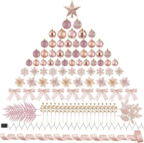 Vista 9 de Poen Juego de 108 adornos para árbol de Navidad, incluye bolas para árbol navideño, flor de pascua con purpurina, lazos, bayas, tallos, hojas, copos