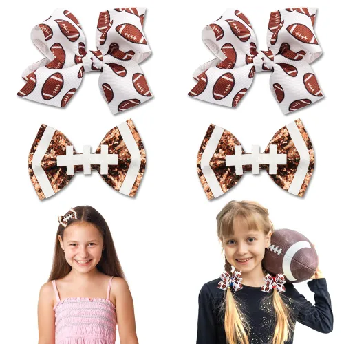 Vista 4 de Paquete de 2 lazos para el pelo de fútbol americano, pinzas para el cabello con lazo de fútbol, accesorios para niñas y mujeres, accesorios
