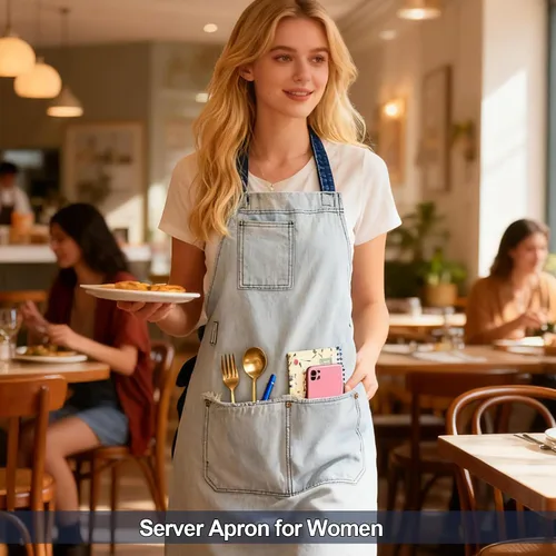 Vista 3 de Delantal de Chef de Mezclilla para Mujeres con Bolsillos, Delantal de Cocina de Camarera de Jean para Hombres para Cocinar Jardinería Pintura