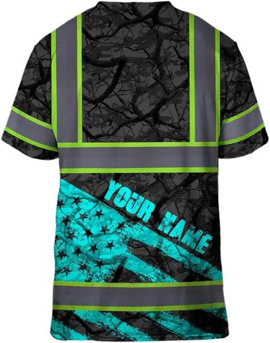 Vista 4 de Camisa de alta visibilidad de calavera con bandera de Estados Unidos para hombres, camisas de seguridad con nombre personalizado, ropa de trabajo