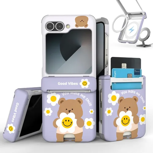 Vista 39 de para Galaxy Z Flip 5 Funda con 2 ranuras para tarjetas, funda rígida delgada y resistente con protección de bisagra, funda completa con protección